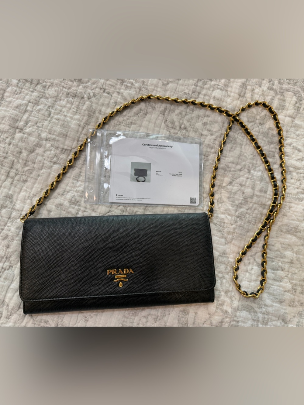 Prada Black Saffiano Leather Crossbody with Gold Chain